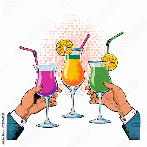 Fresh cold orange juice with ice and a lemon slice in a tropical glass on a white background