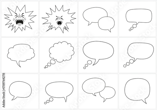 Comic Speech and Thought Bubbles Set: Black and White Outline Illustrations.