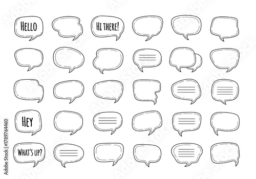 Collection of Hand-Drawn Speech Bubbles with Various Shapes and Text.