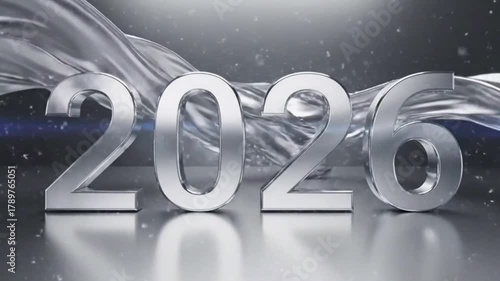 Elegant Silver Light Waves Revealing 2026 Text New Year Celebration Animation