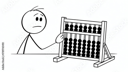 Confused stick figure struggling to use an abacus for counting or calculation