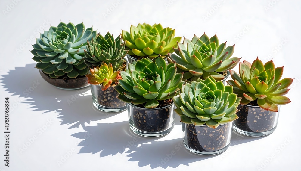 Fototapeta premium Collection of assorted succulents arranged neatly, isolated clean white background. 