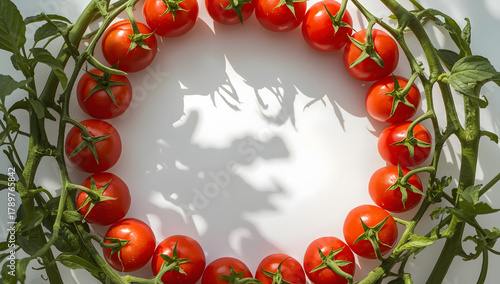 Fresh cherry tomatoes on vine forming circular pattern, organic healthy food concept isolated on white background