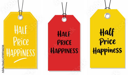 Funny Tags for Gifts, Half Price Happiness" sale tags in yellow, red, and gold colors, vector, set
