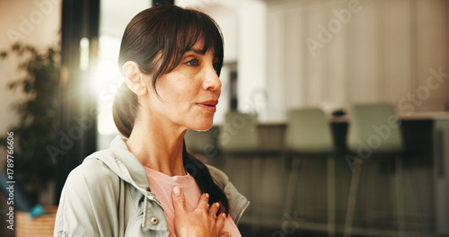Fényképezés Woman, breathing and meditation for yoga at house with zen, spiritual awareness and holistic healing