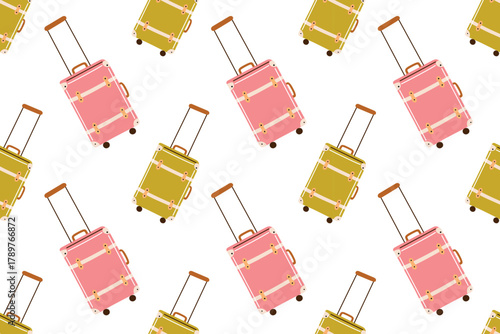 Vector illustration pattern with vintage travel suitcases and luggage on wheels. Flat cartoon design with retro bags, tourism accessories, vacation and adventure theme for travel collection
