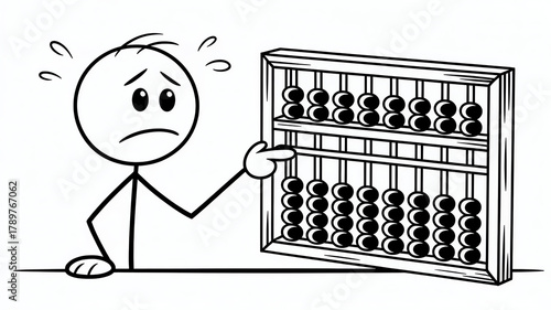 Confused stick figure struggling to use an abacus