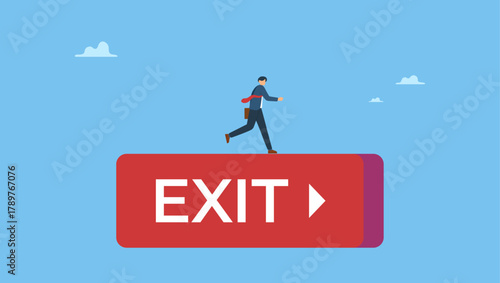 Businessman running on exit sign. Exit strategy escape plan or challenge to choose successor before leaving company or ROI on investment before exit market, risk preparation, retirement decision.
