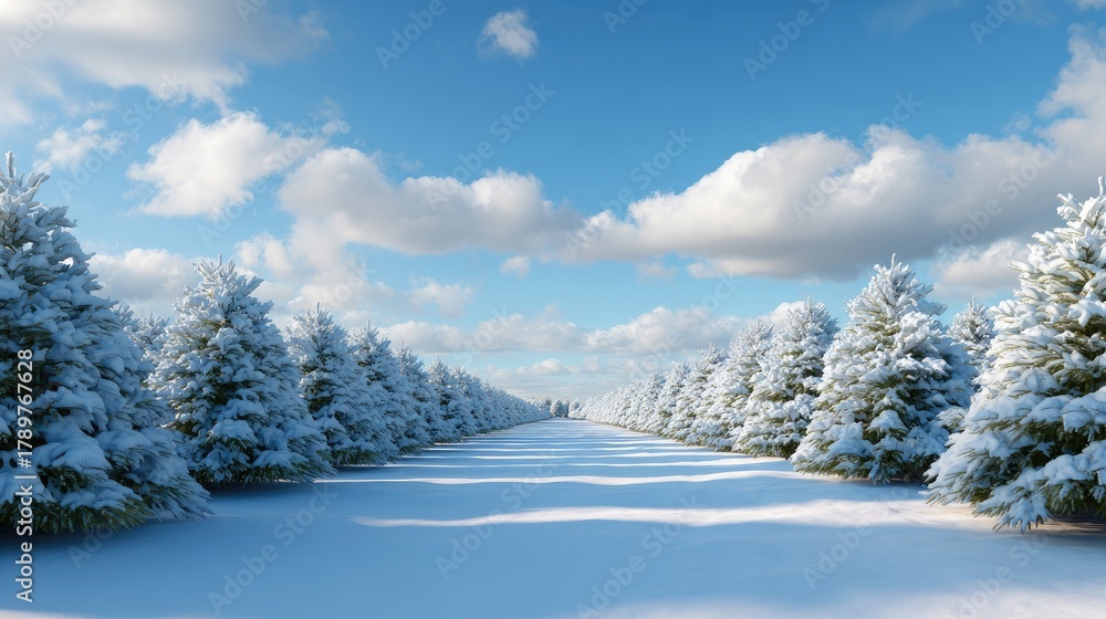 Obraz premium Snowy landscape with evergreen trees under a bright blue sky and fluffy white clouds in a serene winter setting