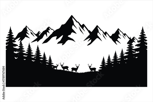 Mountain landscape with deer forest