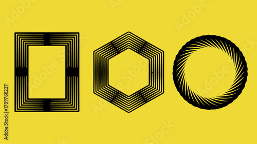 Geometric shapes arranged in a row against a yellow background, featuring a square, hexagon, and circle, each with a unique pattern and design, creating a visually appealing composition