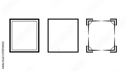 Three simple square frames with different corner designs, including a doublelined frame, a plain frame, and a frame with corner accents