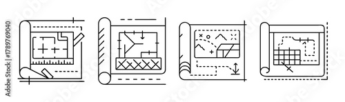 Engineering architecture construction design planning blueprints line icons