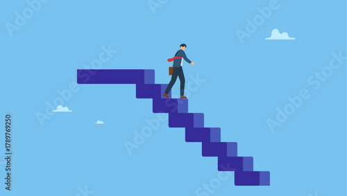 Success businessman stepping down the stair after achieve all goals in his life. Step down from CEO of company, retire from work or career.