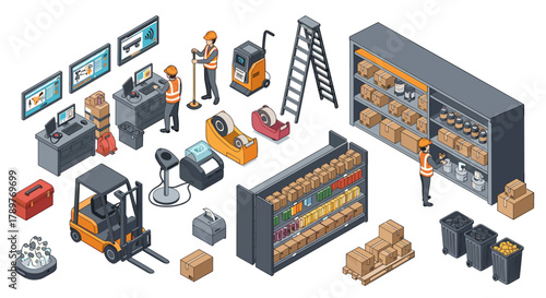 Isometric illustration of a warehouse interior with various equipment, storage shelves, and personnel.