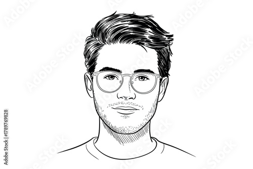 Hand drawn sketch portrait of a young man wearing glasses