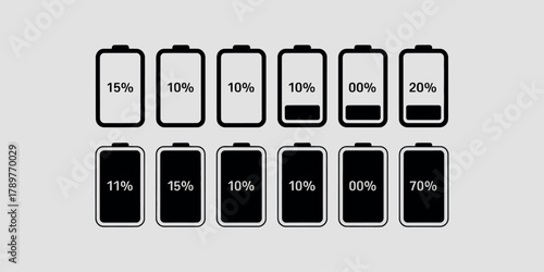 Set of battery charge level indicators showing different percentages
