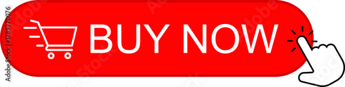 Shopping Cart Buy Now Button. Click Here Button. Buy now red button with hand cursor. Button hand pointer clicking. Click here banner. Online shopping. 