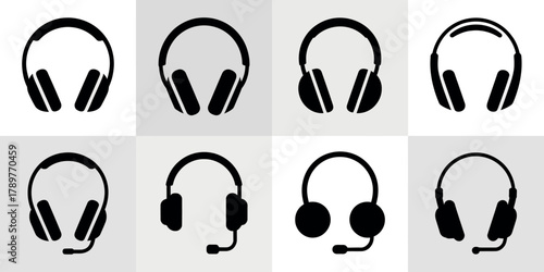 Collection of eight diverse black and white headphone icons