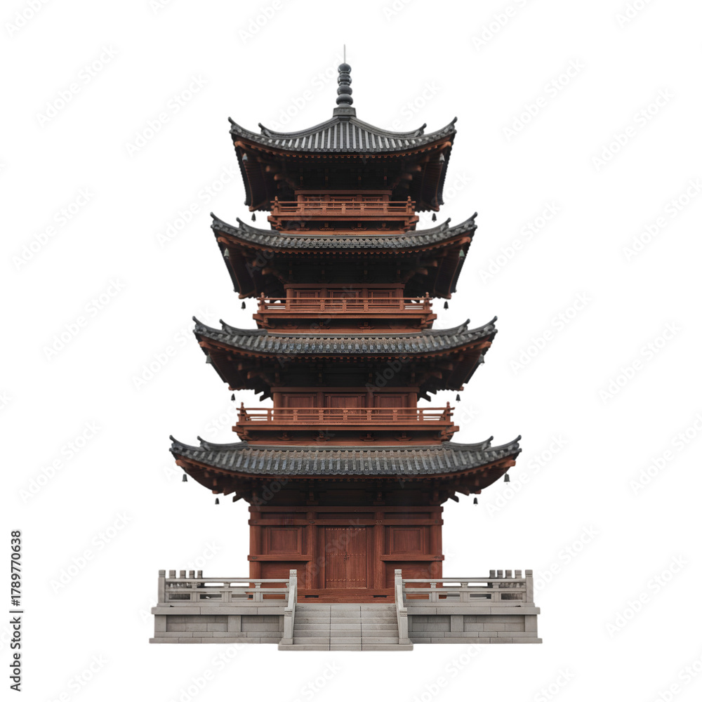 Fototapeta premium Ancient Wooden Pagoda Tower With Multi Tiered Roof And Stone Steps In Natural Lighting Isolated On Black Background