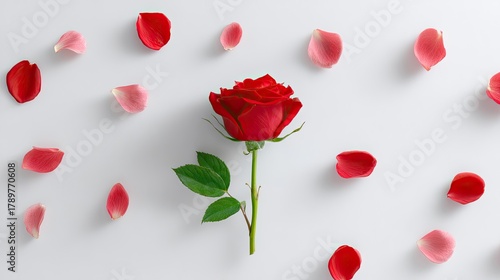 Stunning Red Rose Surrounded by Soft Petals on Elegant White Background for Romantic and Natural Still Life Photography