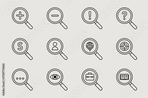 Collection of hand drawn magnifying glasses with icons representing ideas and concepts