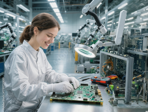 Woman is working on a computer chip. She is wearing a white lab coat