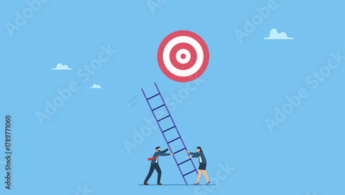 Business people team help set up ladder of success to reach target. Develop ladder to success, set business goal, target, purpose and objective, partnership and teamwork to opportunity.