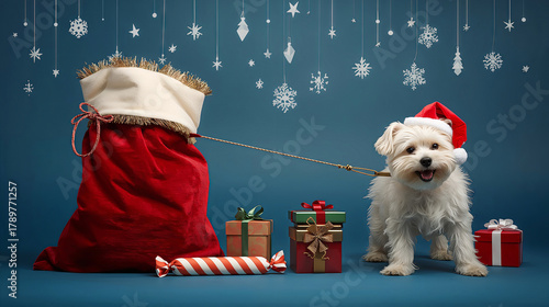 Small white dog in a New Year's hat near a bag of gifts on a blue background