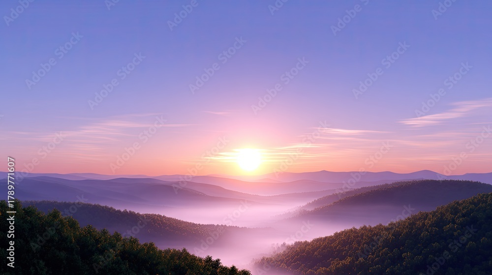 Fototapeta premium Serene Morning Sunrise Over Rolling Hills and Misty Valleys with Soft Light and Colorful Sky, Calm Natural Landscape, Peaceful Atmosphere in Nature