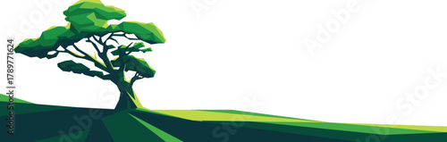 Stylised low-poly lone tree on rolling hills banner illustration
