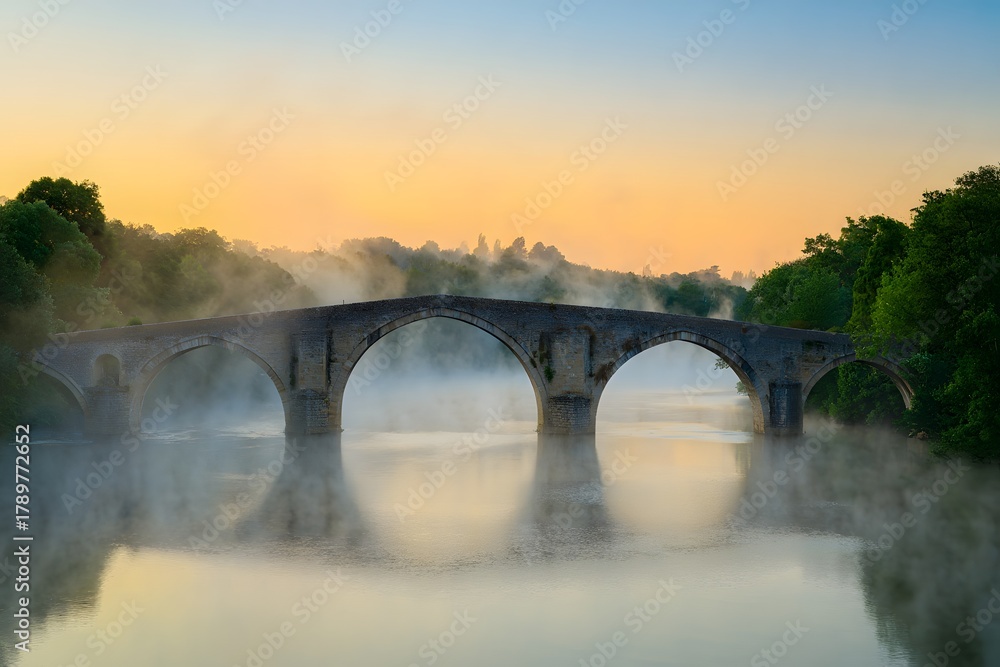 Fototapeta premium Old stone bridge at dawn with fog over the river and trees in the background light