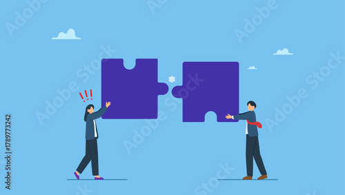 Confused business people putting mismatch or wrong jigsaw puzzle together. Mismatch or mistake, wrong business decision or failure of incorrect solution, mismanagement or invalid choice.