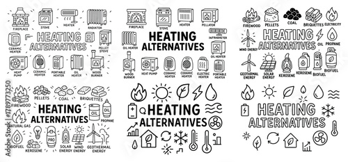 Heating alternatives icons and energy sources