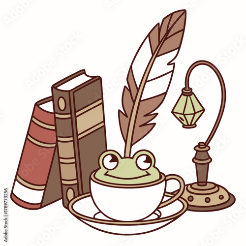 Cute Cheerful Frog, accessorized with sitting in a teacup ride, in a Vintage Library world – Vintage Library palette vector