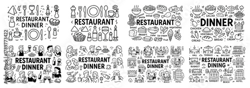 Restaurant dinner icons and illustrations collection