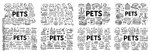 Pets doodle set with animals and activities