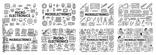Microelectronics doodle set with icons and tools