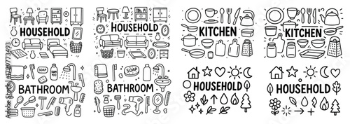 Household and kitchen item icons in black and white