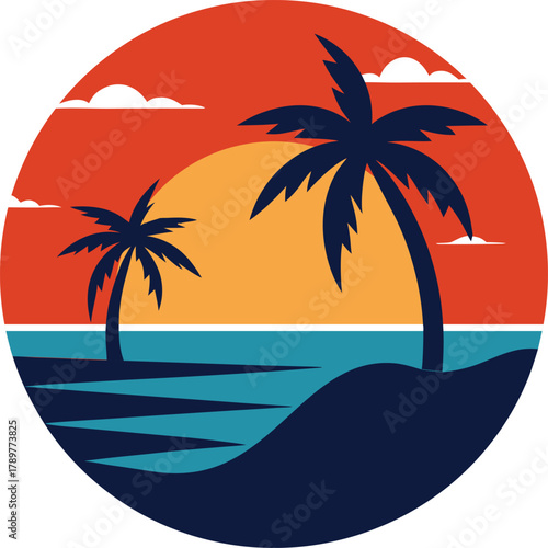 Stylized tropical sunset with palm trees, ocean, island, sun, and vibrant sky in a retro circular design vector art