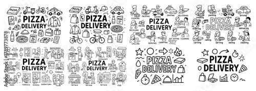 Pizza delivery icons and activities collage