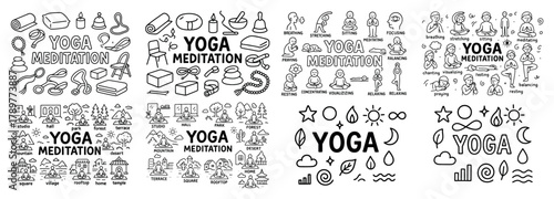 Yoga meditation icons set with various poses