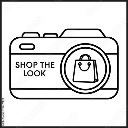 Camera Icon with Shopping Bag and Shop the Look Text Keywords: camera, shopping, bag, shop, look, icon, symbol, photography, fashion, retail