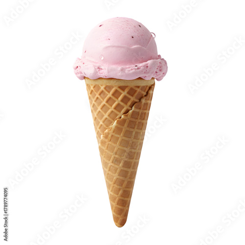 Strawberry ice cream in a waffle cone isolated on a transparent background
