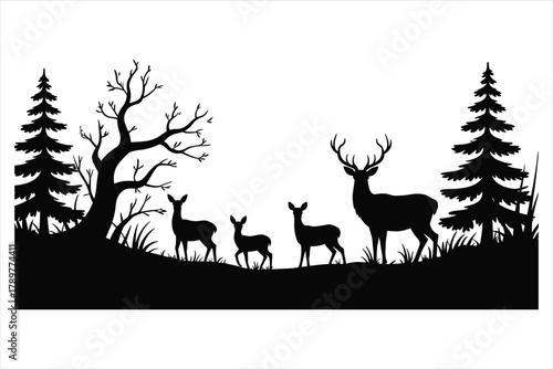Mountain forest deer family art