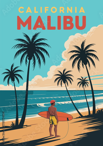 Vintage California Malibu Poster. Retro California Coast Travel Design and Surf Lifestyle Illustration