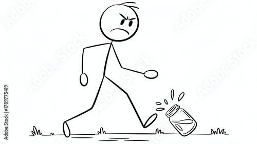 Angry stick figure man kicking a glass jar with liquid spilling out