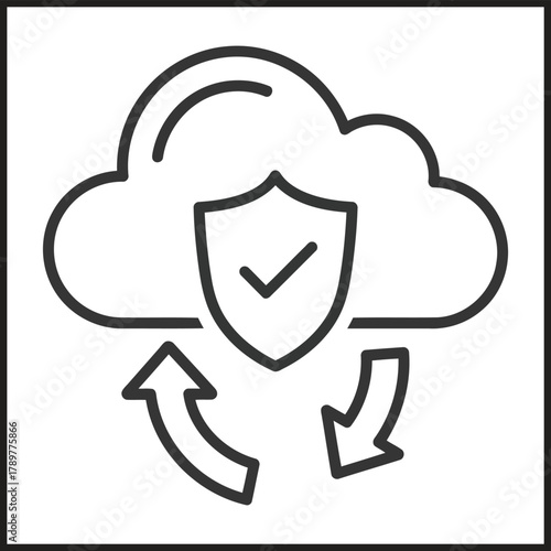 Cloud security icon with shield and arrows on white background Keywords: cloud, security, protection, shield, checkmark, verified, safe, secure