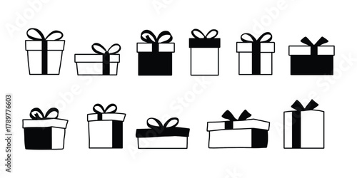Gift Box Vector Set. Minimalist Black and White Present Icons