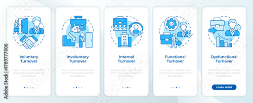 Types of employee turnover blue onboarding mobile app screen. HR work. Walkthrough 5 steps editable graphic instructions with linear concepts. UI, UX, GUI. Montserrat SemiBold, Regular fonts used